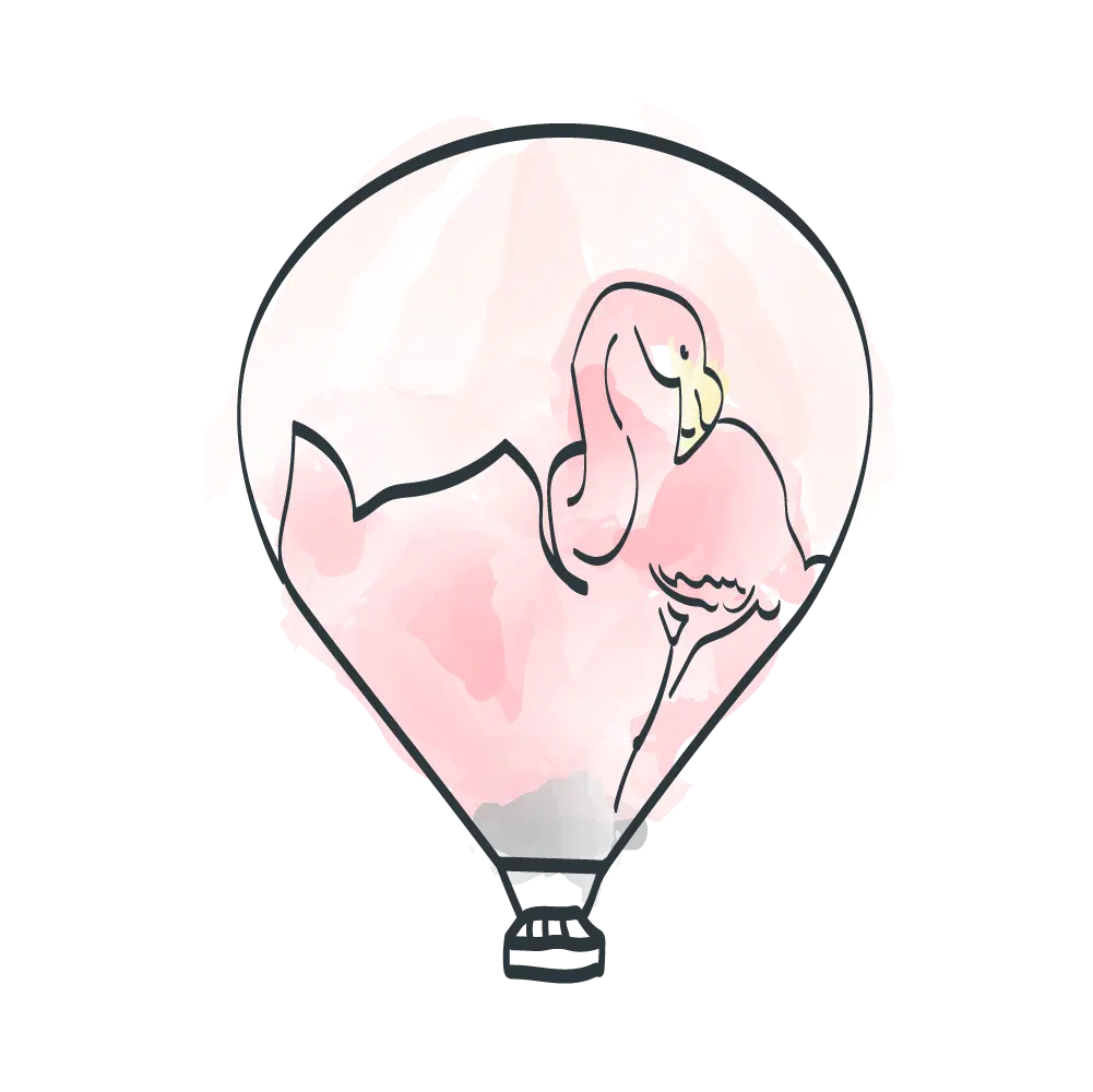 Illustration d'une montgolfière sur fond aquarelle rose et blanc. Un dessin au trait minimaliste d'un flamant rose se trouve à l'intérieur.